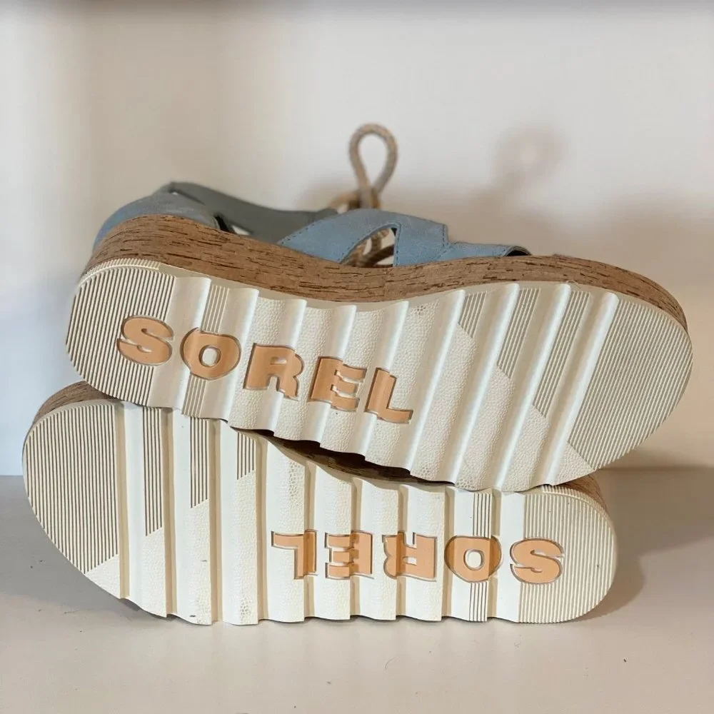 Sorel Blue Suede Cork Platform Sandals with Rope Laces